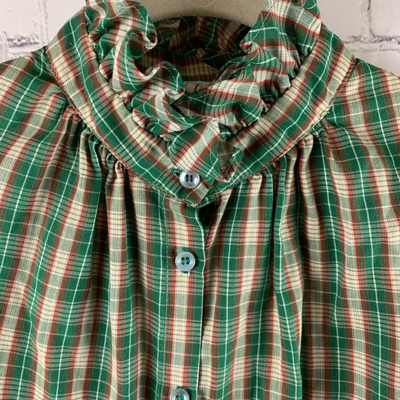 VINTAGE Blouse Button Down w/ Puff Sleeves & Ruffle Style Collar Red & Green - Picture 2 of 7